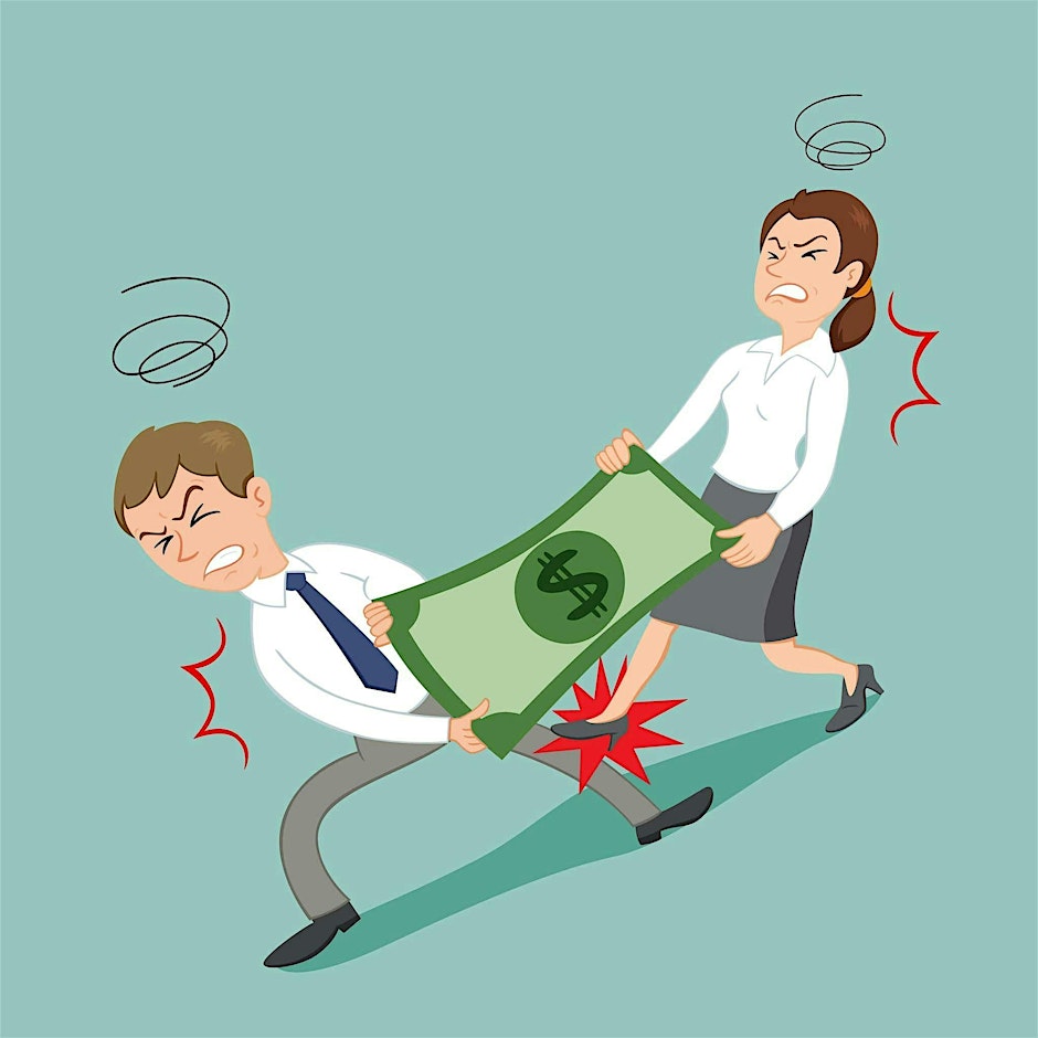 Drawing of a man and woman playing tug of war over money